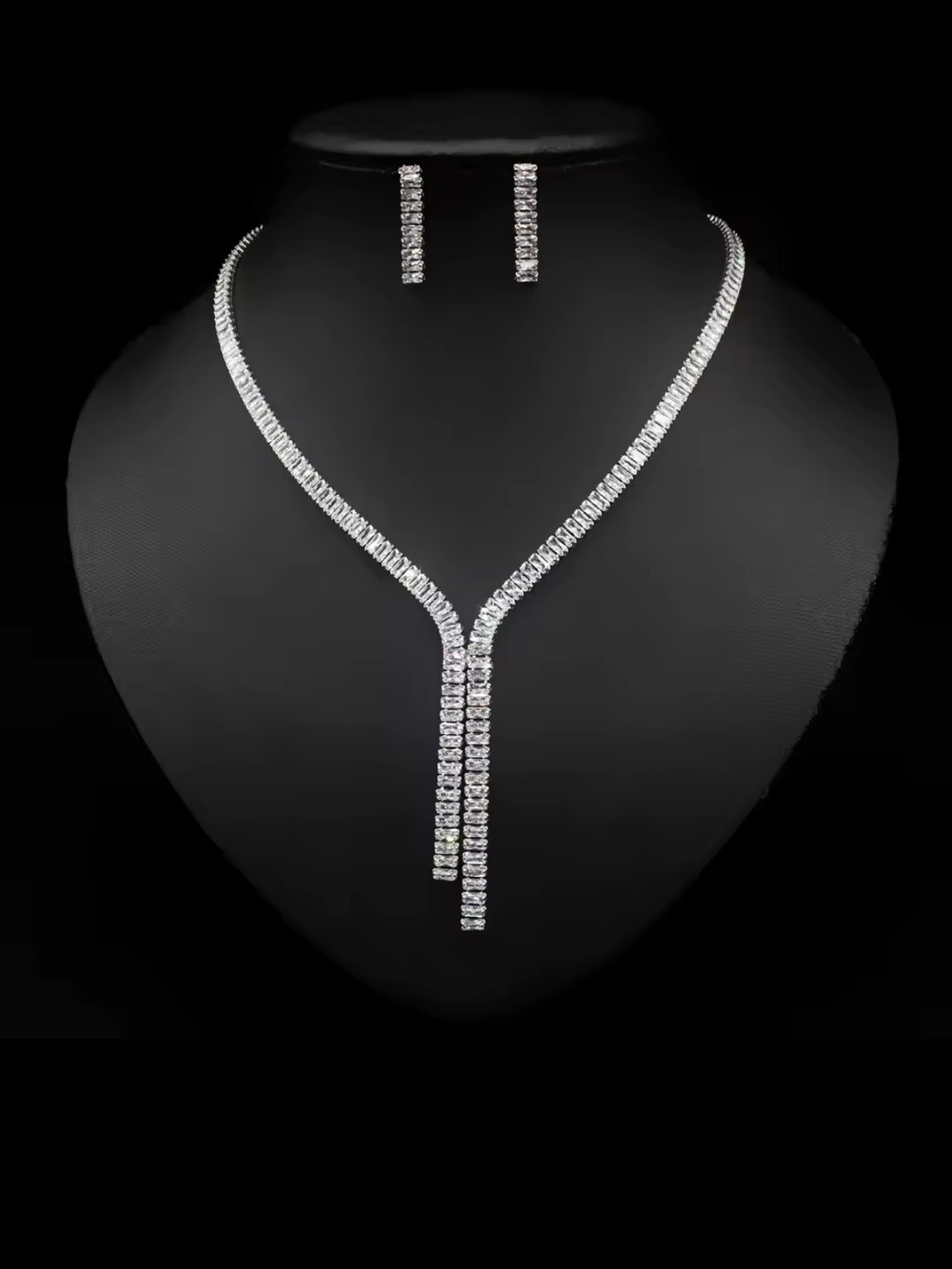 Silver Crystal Y-Drop Necklace & Earring Set